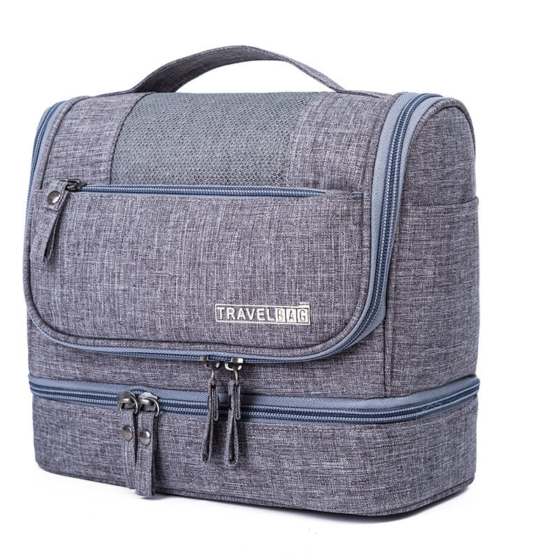 Large capacity hanging toiletry bag for travel, organizing cosmetics & personal care essentials.