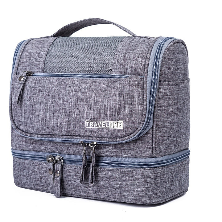 Large capacity hanging toiletry bag for travel, organizing cosmetics & personal care essentials.