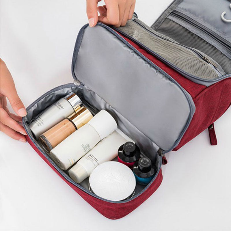 Versatile hanging toiletry bag, spacious for cosmetics, makeup, & personal care, perfect for travel & home.