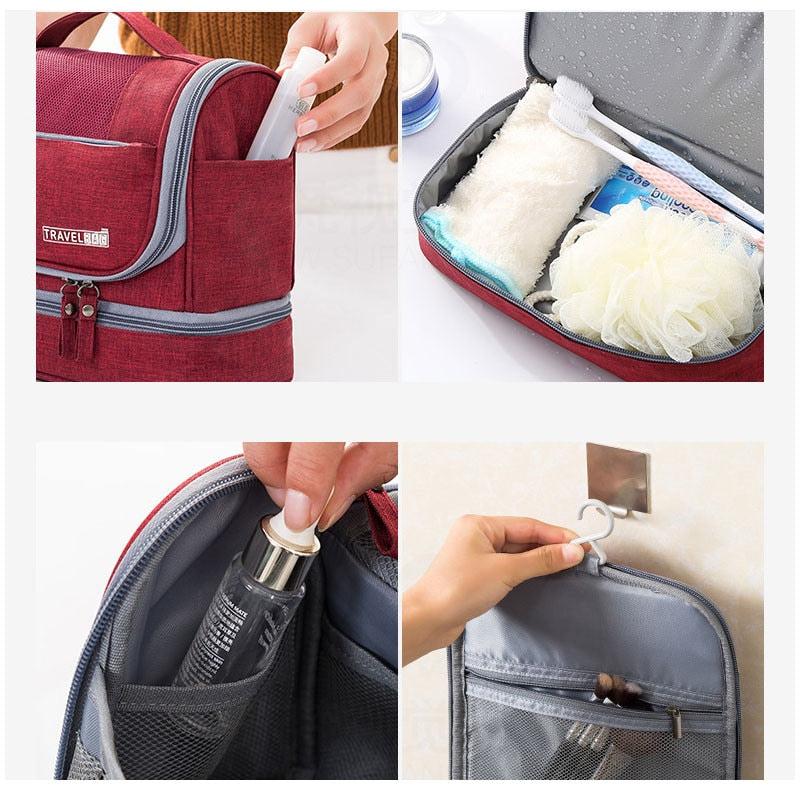 Waterproof hanging travel organizer bag, ideal for toiletries, makeup & personal care on trips.
