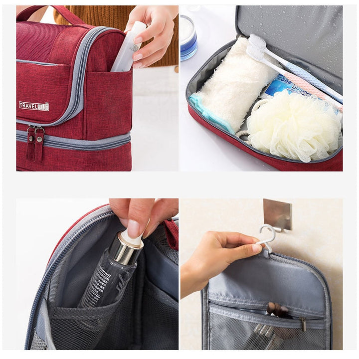 Waterproof hanging travel organizer bag, ideal for toiletries, makeup & personal care on trips.