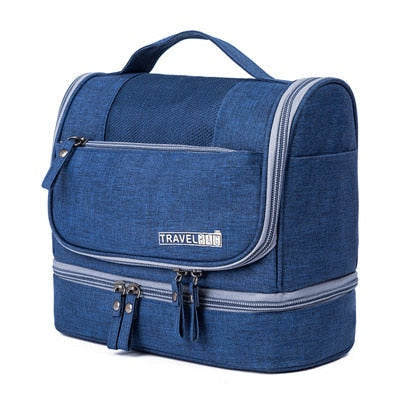 Foldable hanging travel toiletry bag with durable waterproof material for organized personal items.