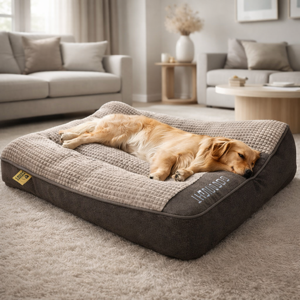 Large luxury orthopedic memory foam dog bed with headrest for joint support & pet comfort.