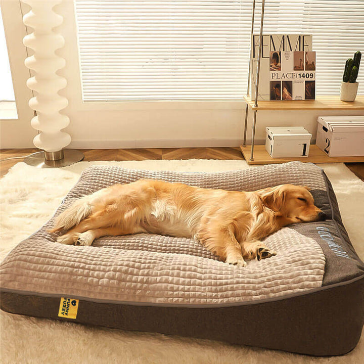 Brown large orthopedic memory foam dog bed with headrest, washable cover & joint support.