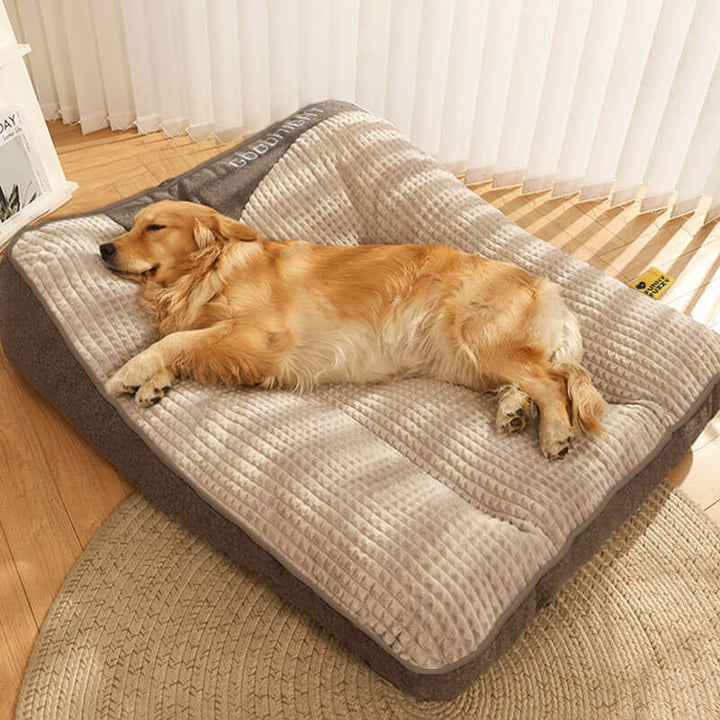 Luxury large memory foam dog bed, orthopedic cushion for big dogs with headrest.