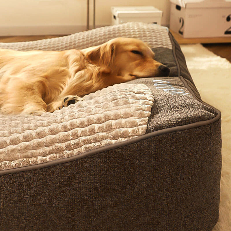 Grey orthopedic memory foam dog bed with headrest, luxury comfort for large dogs.