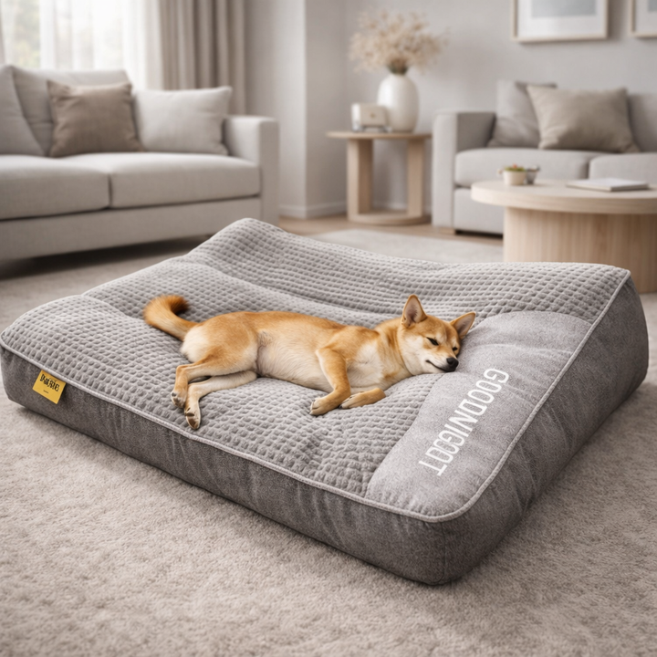 Elegant brown large memory foam dog bed with headrest, luxury orthopedic pet cushion.