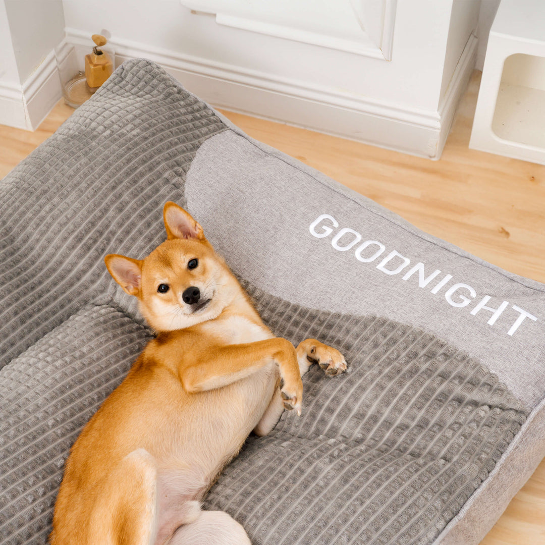 Premium orthopedic memory foam dog bed, large with headrest for pet joint support & luxury.