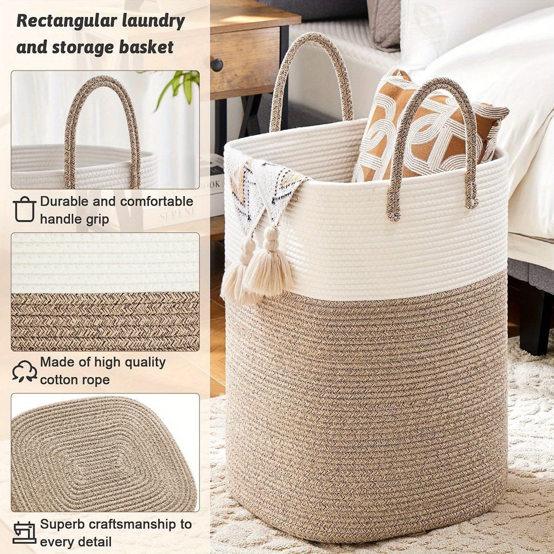 Extra large woven cotton laundry basket for household storage. Perfect for decluttering and organization.
