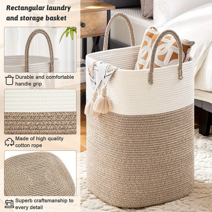 Extra large woven cotton laundry basket for household storage. Perfect for decluttering and organization.