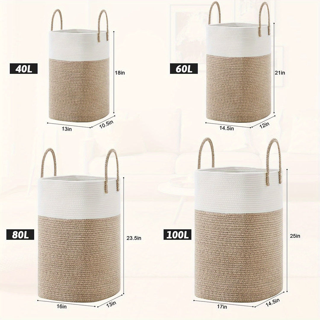 Stylish brown, white, and gray woven storage basket; durable for laundry & home organizing.