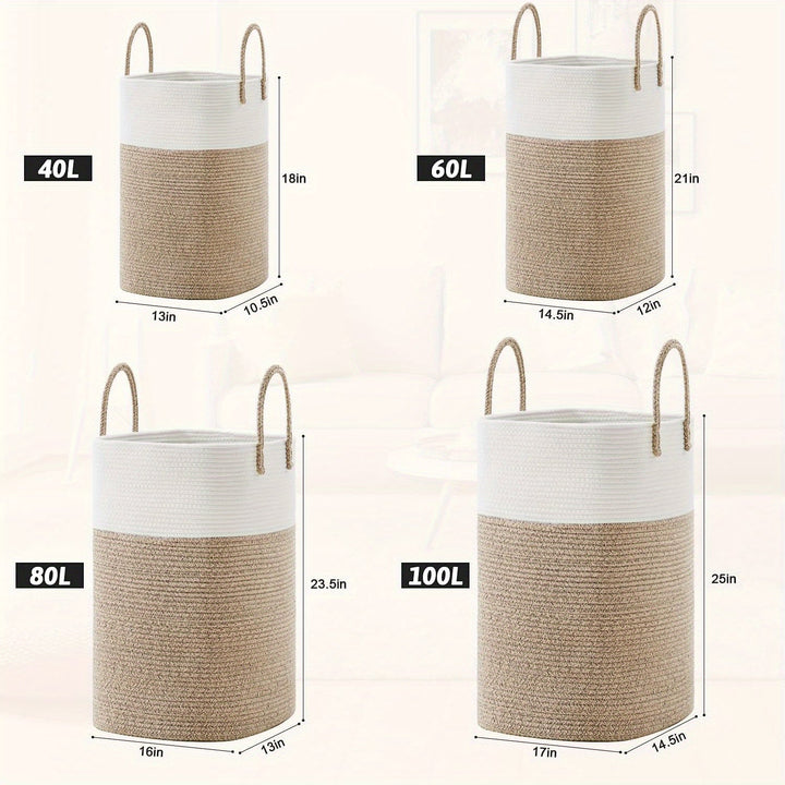 Stylish brown, white, and gray woven storage basket; durable for laundry & home organizing.