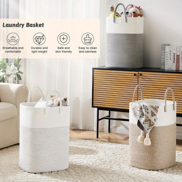 Practical extra large woven laundry hamper. Durable cotton rope design for organized home storage.