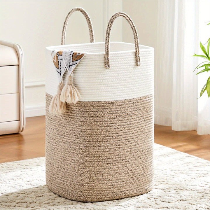 Durable woven cotton rope laundry basket. Extra large capacity for all your home storage needs.
