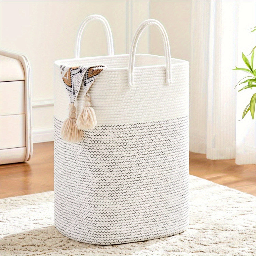 Versatile brown, white, gray woven basket: ideal for laundry, blankets, or toys. Home organizer.