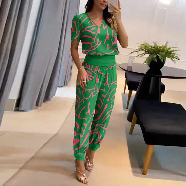 V-neck wide-leg printed jumpsuit for women. Ideal for versatile, comfortable everyday outfits & casual style.