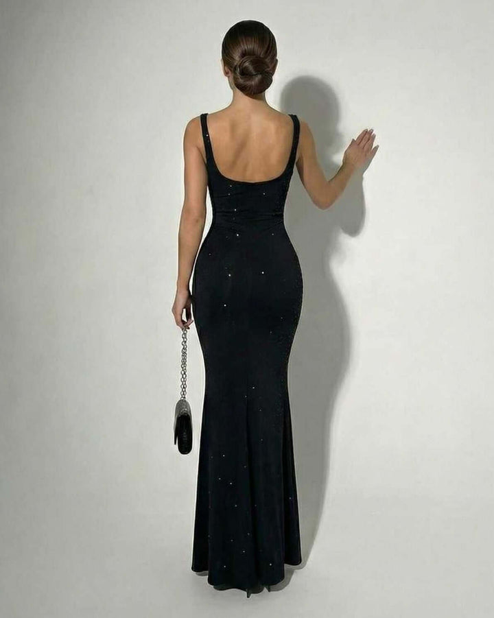 Elegant black square neck maxi dress for women, perfect for formal occasions & evening events.