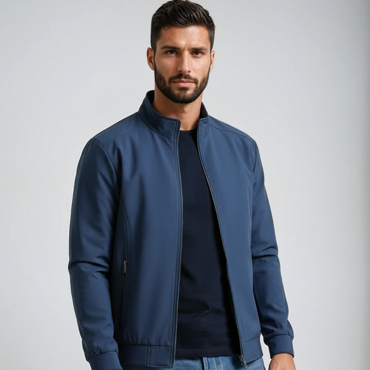 Men's classic black bomber jacket with zip front, versatile casual outerwear for stylish layering in men's fashion.