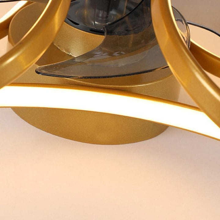 "LED flush mount ceiling fan light with curved blades, modern design enhances living rooms or bedrooms, stylish center fixtur