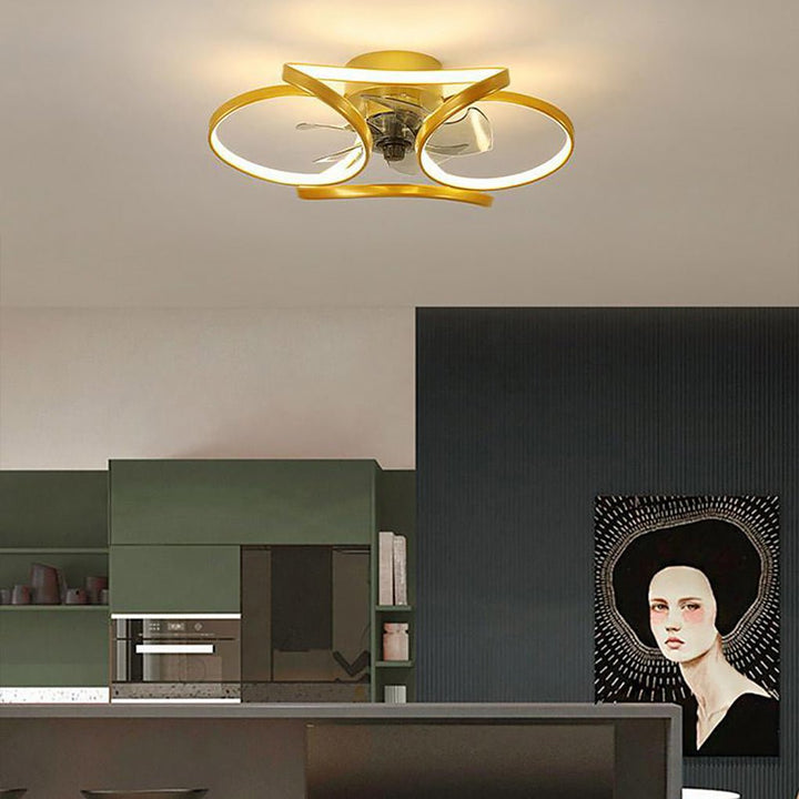 "LED flush mount ceiling fan light with curved blades, modern design enhances living rooms or bedrooms, stylish center fixtur