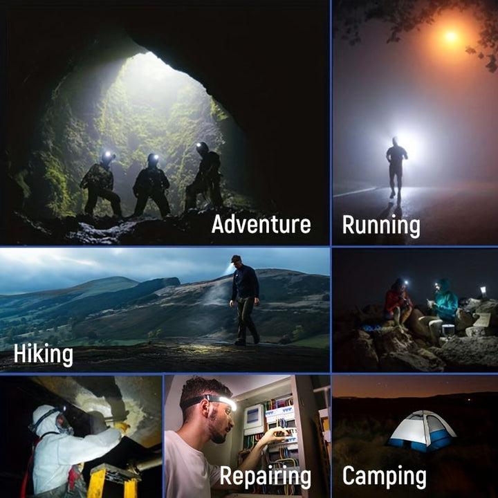 "LED headlamp with 230º beam, triple light modes, adjustable strap, ideal for camping and night running, emits up to 1500 lum