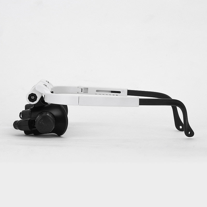 "LED-lit magnifier glasses with adjustable headband and up to 23x magnification for precision tasks and comfort."