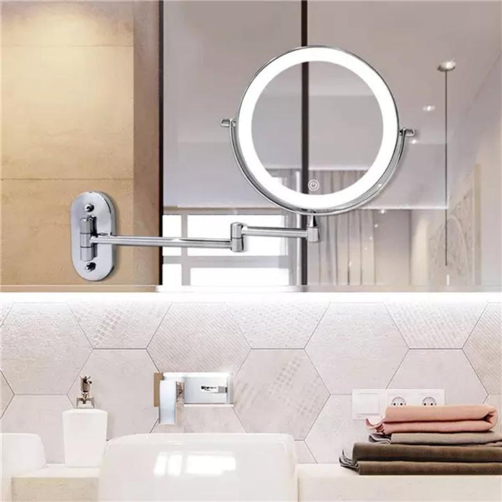 LED makeup mirror with chrome finish, adjustable lighting, magnification options, and portable design for precise beauty.