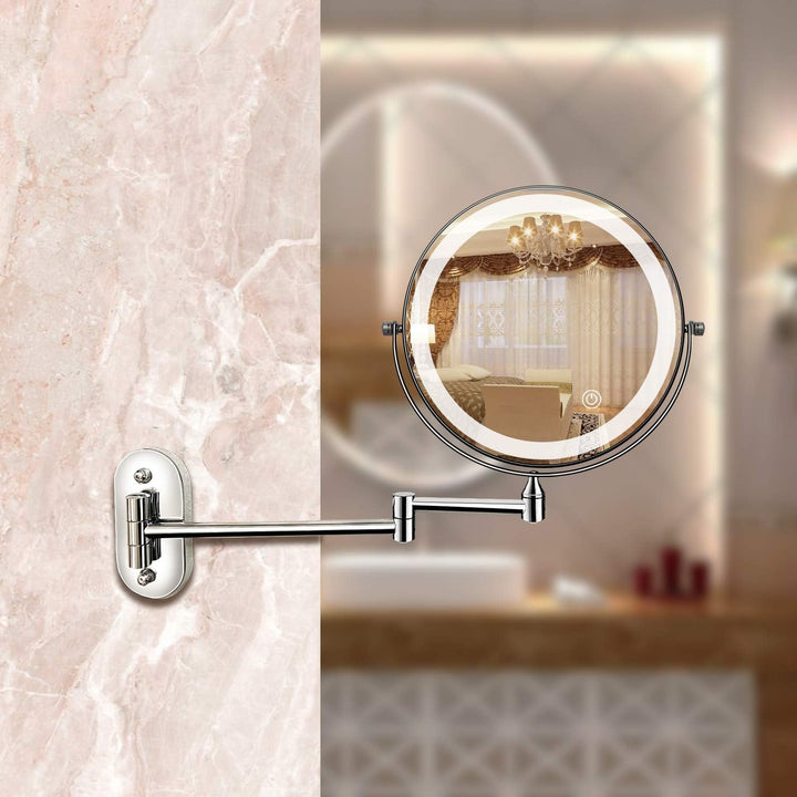 LED makeup mirror with chrome finish, adjustable lighting, magnification options, and portable design for precise beauty.