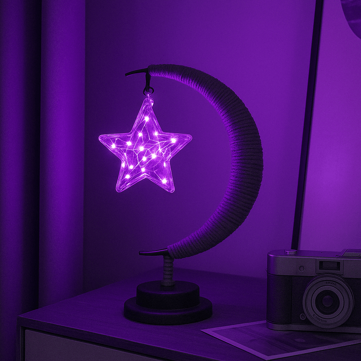 "LED Moon Star Night Light with hemp rope, moon-shaped, emits warm glow, ideal decor for cozy rooms, rustic charm."