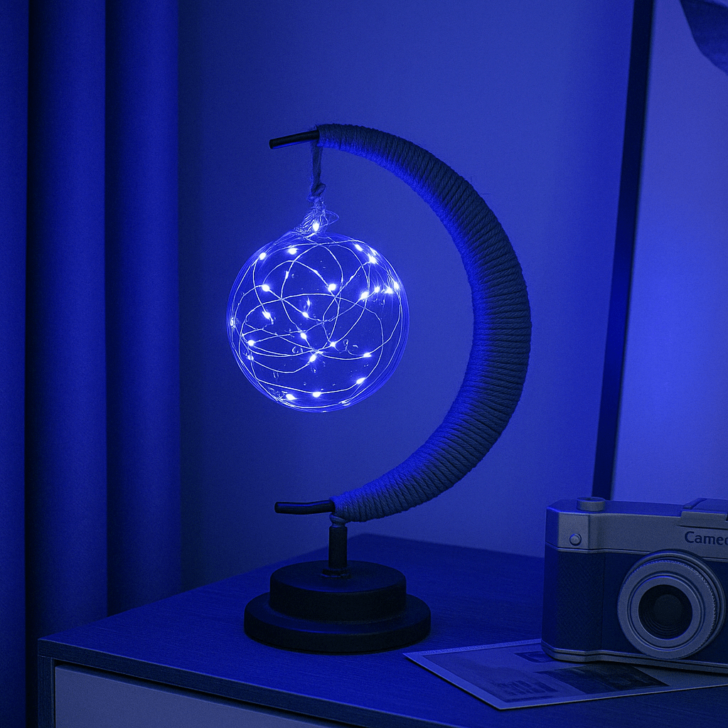 "LED Moon Star Night Light with hemp rope, moon-shaped, emits warm glow, ideal decor for cozy rooms, rustic charm."