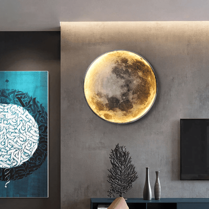 "LED Moon Wall Lamp with serene glow, circular design, perfect for home decor in bedrooms and hallways, energy-efficient."
