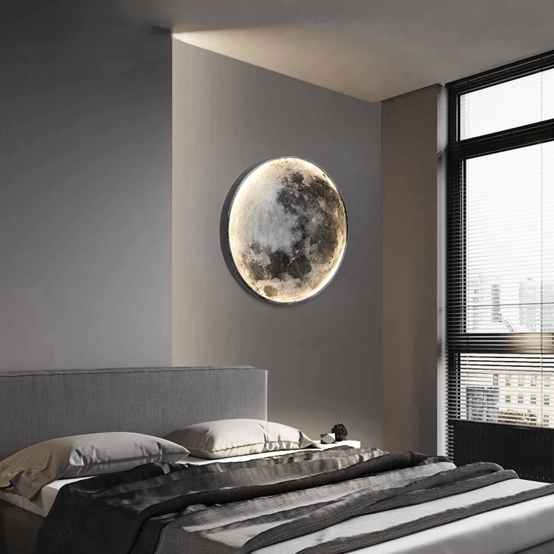 "LED Moon Wall Lamp with serene glow, circular design, perfect for home decor in bedrooms and hallways, energy-efficient."