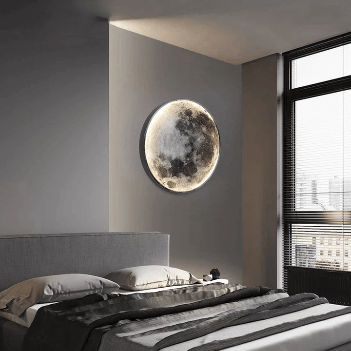 "LED Moon Wall Lamp with serene glow, circular design, perfect for home decor in bedrooms and hallways, energy-efficient."