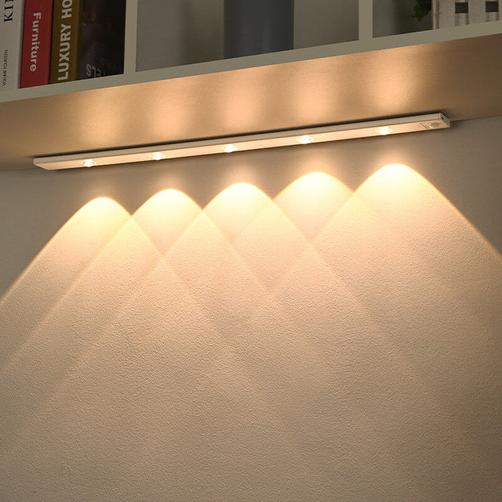 "LED motion sensor under cabinet light with cat-eye bulb, adjustable luminance, and magnetic installation in kitchen setting.