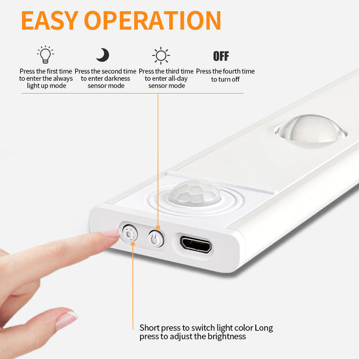 "LED motion sensor under cabinet light with cat-eye bulb, adjustable luminance, and magnetic installation in kitchen setting.
