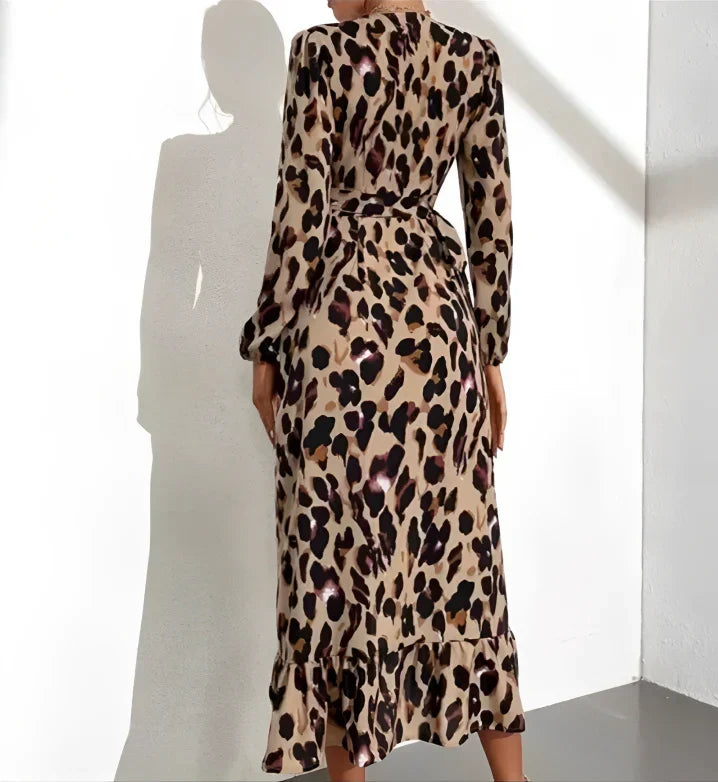 Beautiful women's long sleeve leopard print midi dress, V-neck A-line, comfortable occasion wear.