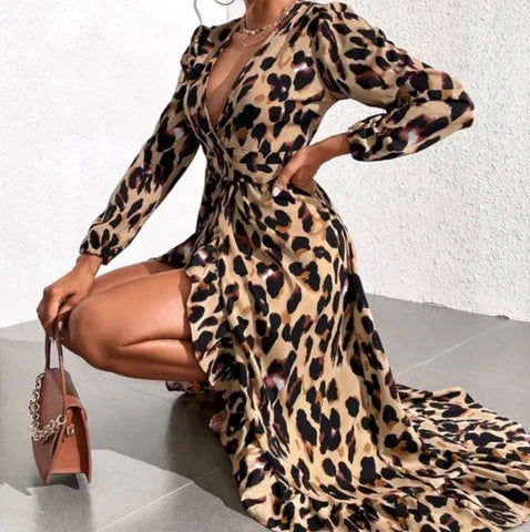 Versatile women's V-neck A-line midi dress in a trendy leopard print, ideal for many occasions.