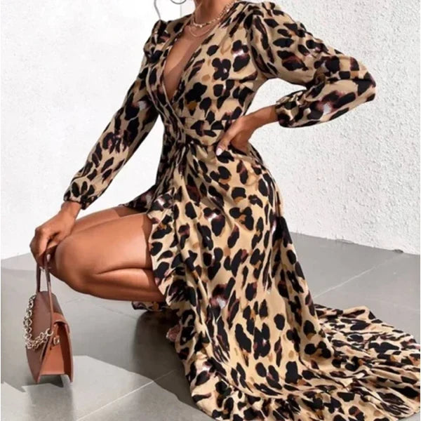 Flattering women's V-neck A-line midi dress featuring an eye-catching leopard print design.