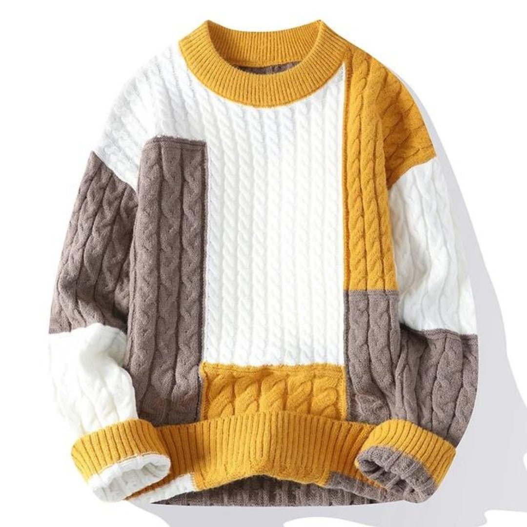 Men's stylish color block cable knit crew neck sweater, perfect for a warm, cozy, casual look. Long sleeve pullover.