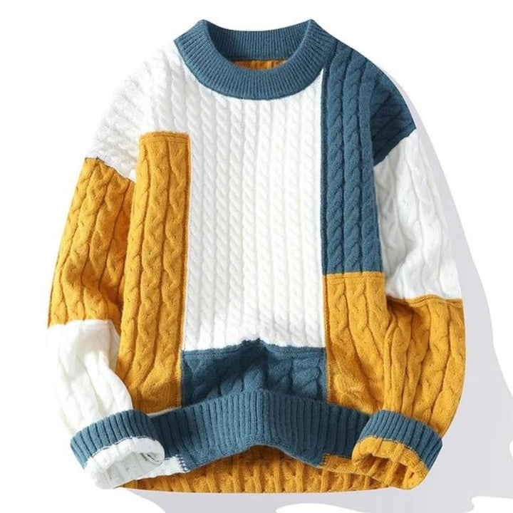 Stylish men's color block cable knit crew neck sweater. A warm & cozy long sleeve pullover for casual wear.
