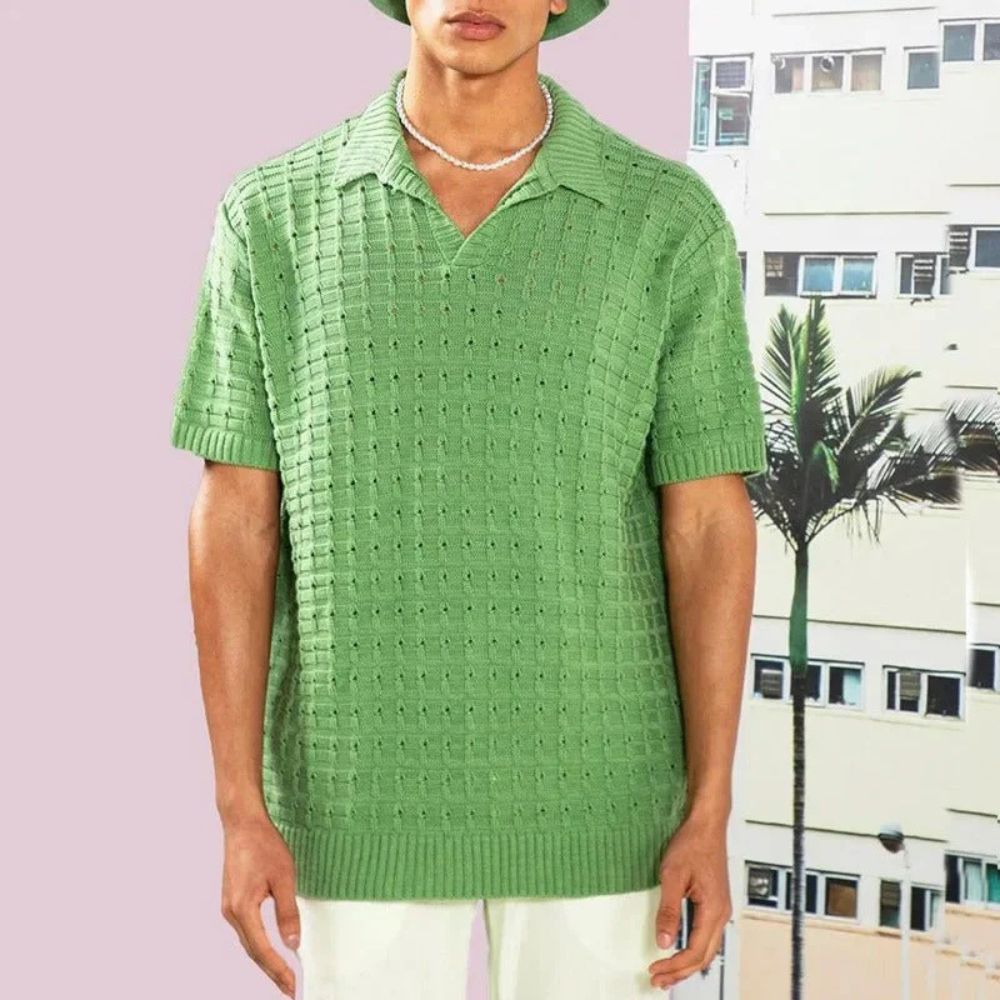 Comfortable men's short sleeve polo shirt, textured design, relaxed fit, versatile for smart casual outfits.