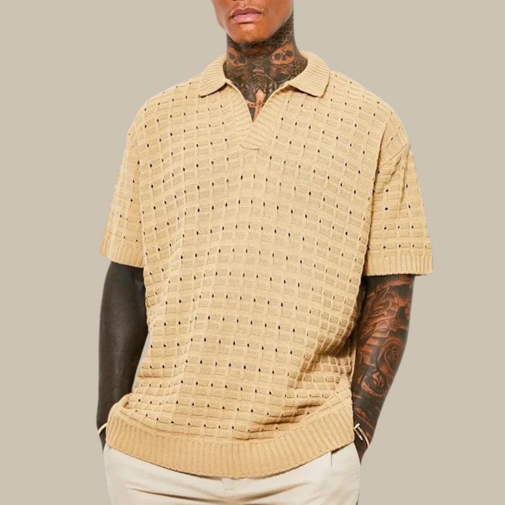 Men's smart casual V-neck polo shirt with a relaxed fit and textured fabric, perfect for summer fashion.
