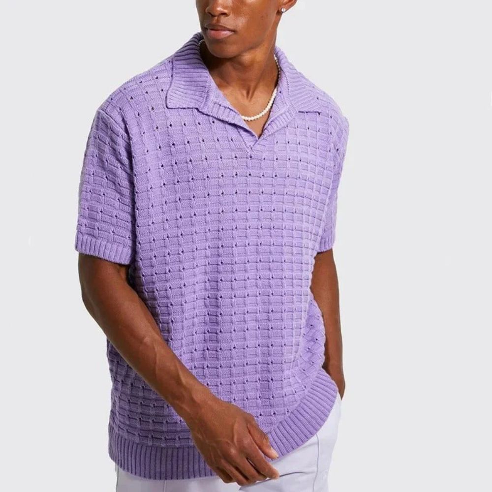 Stylish men's textured polo shirt with V-neck, short sleeves, and relaxed smart casual fit for modern men.