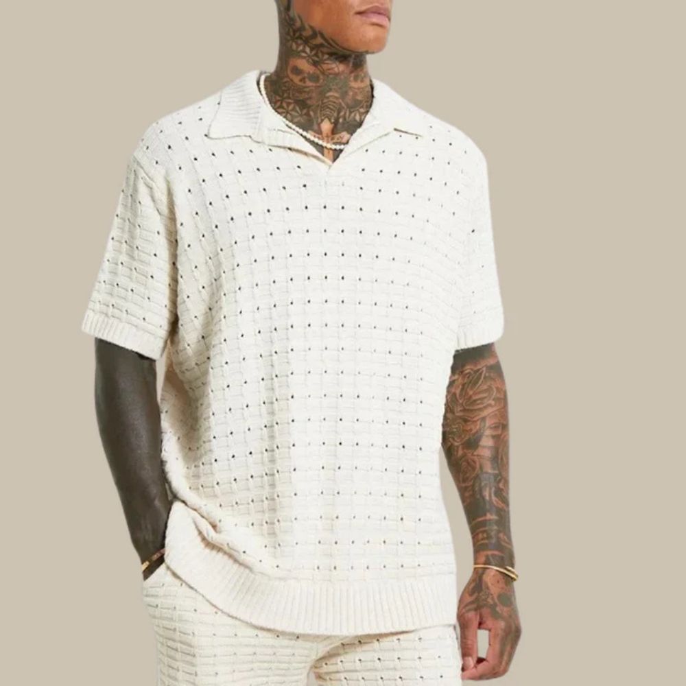Men's textured polo shirt, V-neck, short sleeve, relaxed fit, ideal for smart casual spring summer style.