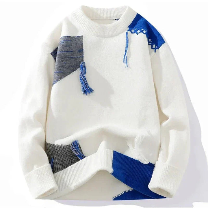 Men's oversized distressed patchwork sweater, perfect for casual streetwear style. Unique design & comfortable fit.