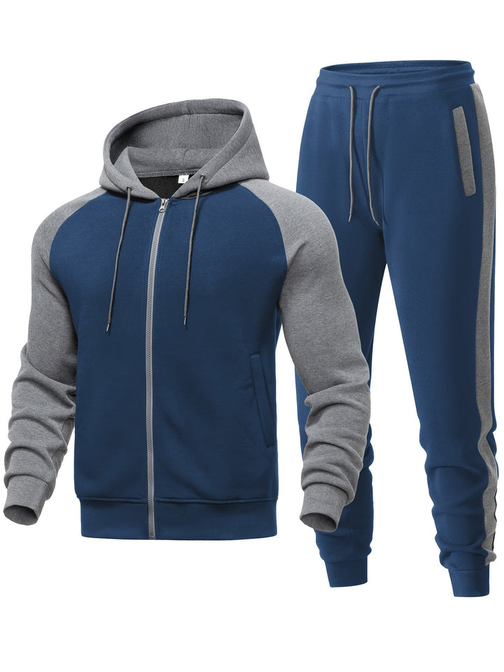 Full view of men's casual hoodie and jogger set, showcasing the complete sporty comfort outfit.