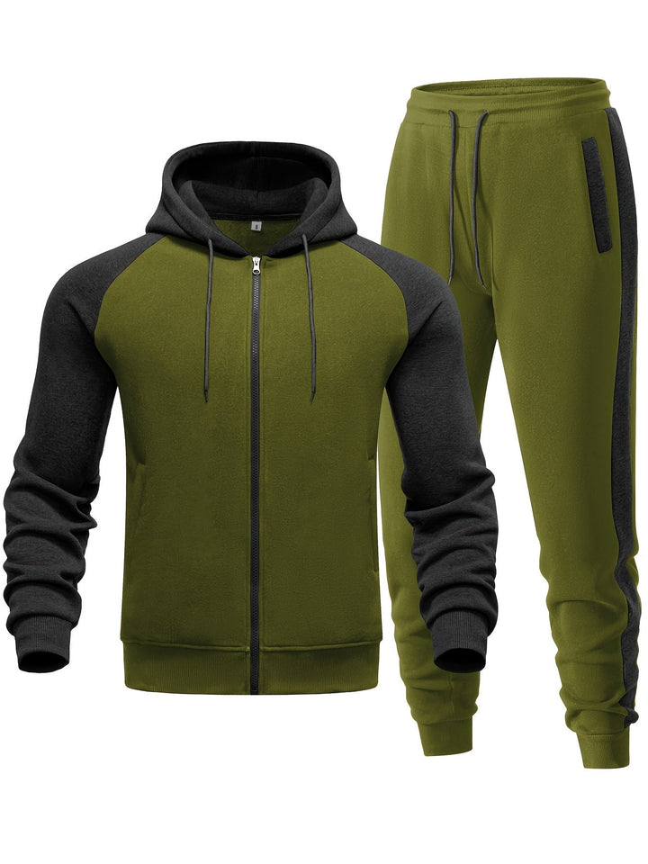 Stylish men's jogger set with hoodie, ideal for casual wear, street style, or athletic activities.