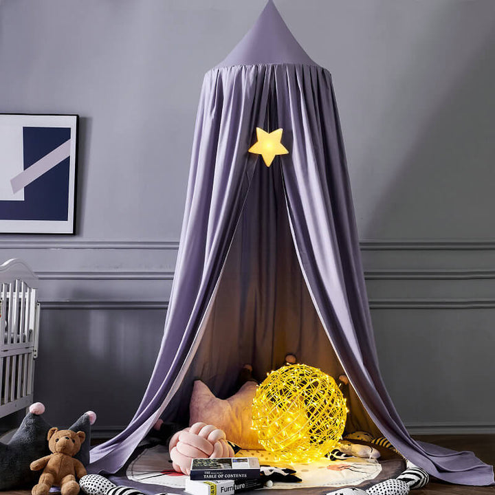 "Light green children's blackout bed canopy; elegant polyester fabric; blocks light; ideal for cribs, creating a cozy vibe."