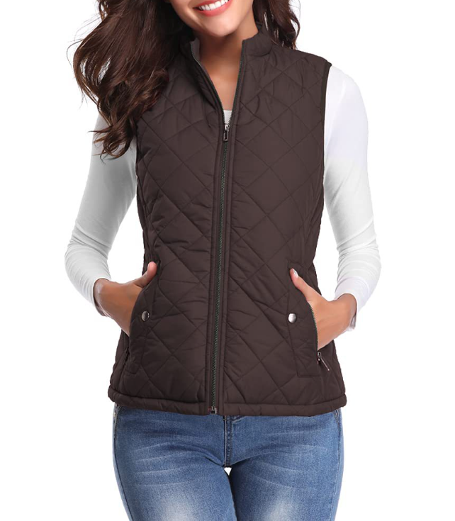 Flat lay of a women's stylish lightly padded vest, versatile outerwear for autumn/spring fashion.