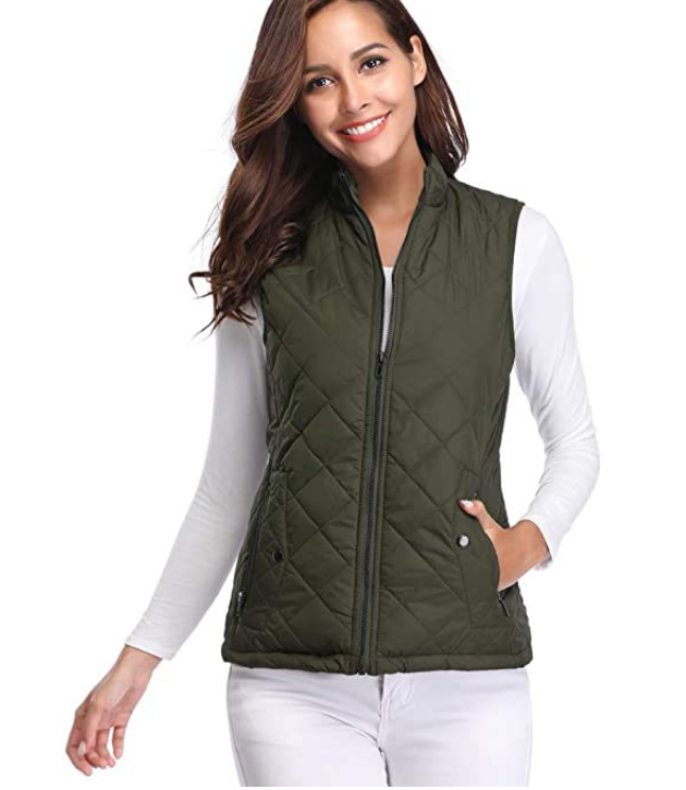 Back view of a women's lightweight padded vest, comfortable and stylish for autumn/spring layering.